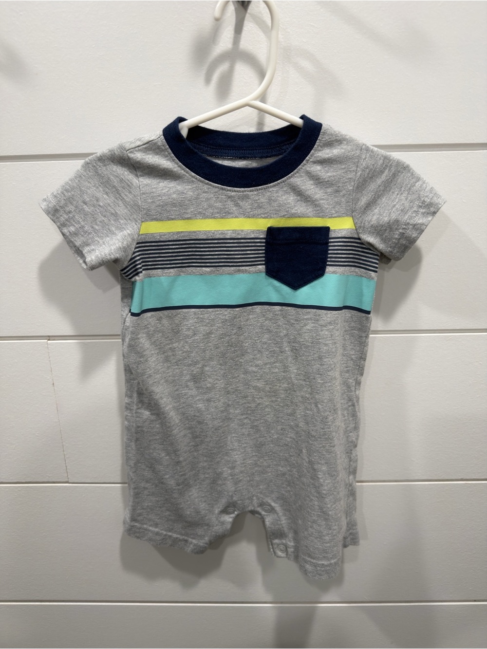 Carter's Grey Short Sleeve Romper with Navy Pocket and Aqua Stripe